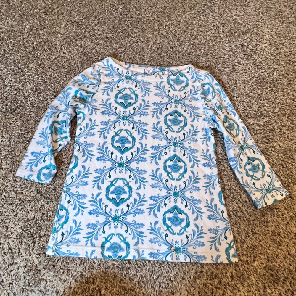 Croft & Barrow Women XS Blue White Damask Floral 3/4 Sleeve Cotton Boat Neck Top